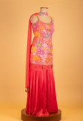 Vibrant Floral Embroidered Sharara Set in Pink & Orange – Party Wear Indo-Western Outfit