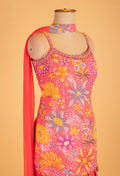 Vibrant Floral Embroidered Sharara Set in Pink & Orange – Party Wear Indo-Western Outfit