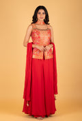 Red Embroidered Palazzo Set with Mirror Work Jacket & Dupatta – Festive & Party Wear