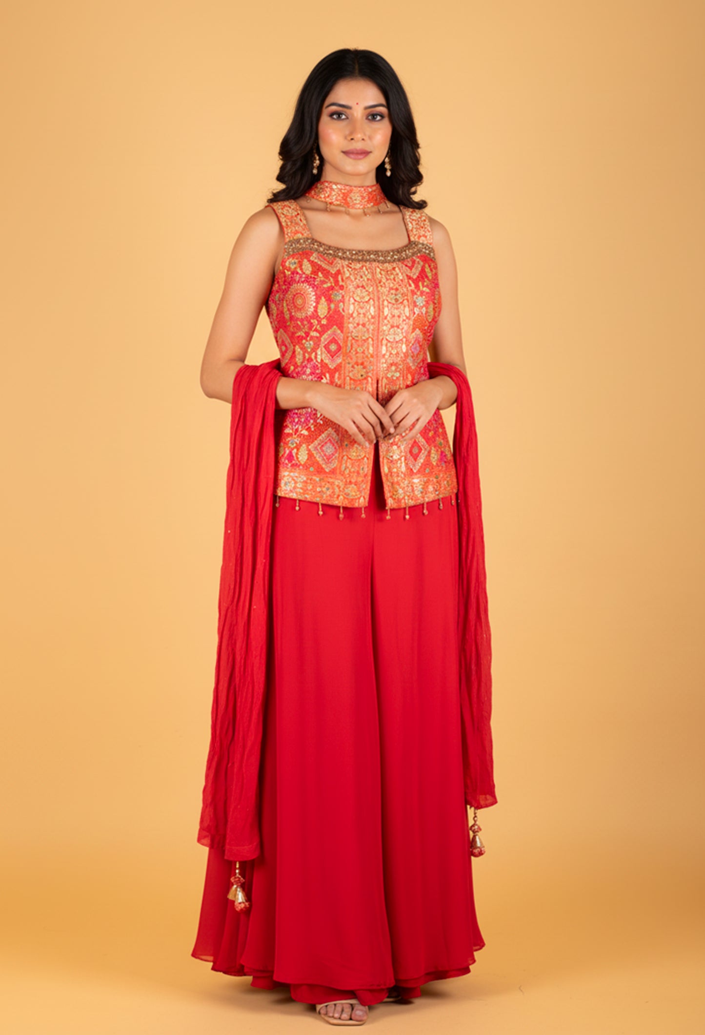 Red Embroidered Palazzo Set with Mirror Work Jacket & Dupatta – Festive & Party Wear