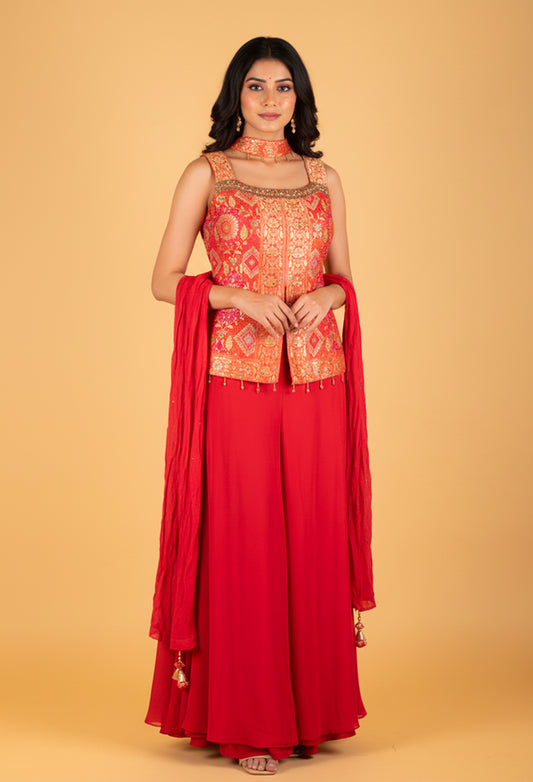 Red Embroidered Palazzo Set with Mirror Work Jacket & Dupatta – Festive & Party Wear
