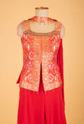 Red Embroidered Palazzo Set with Mirror Work Jacket & Dupatta – Festive & Party Wear