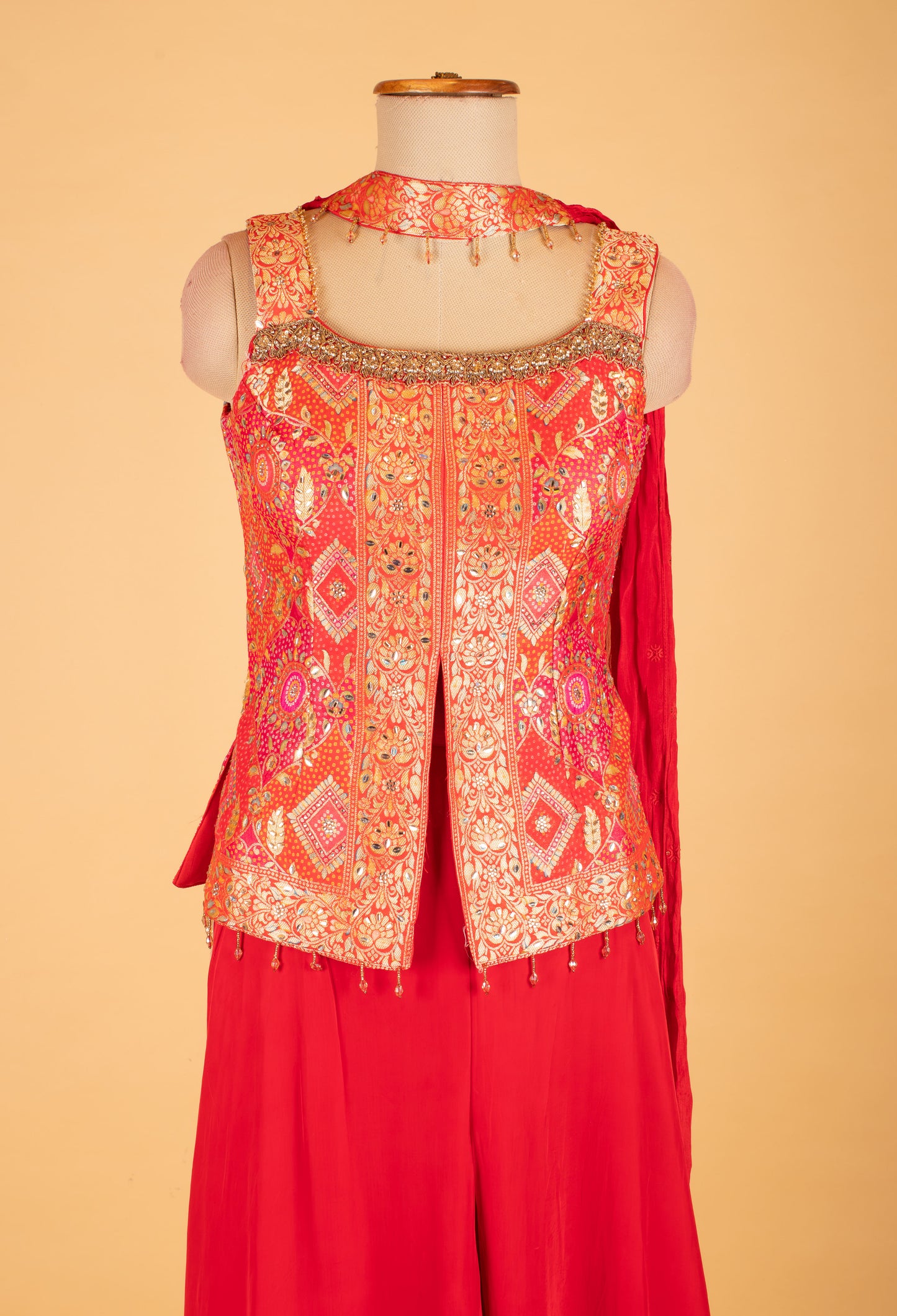 Red Embroidered Palazzo Set with Mirror Work Jacket & Dupatta – Festive & Party Wear