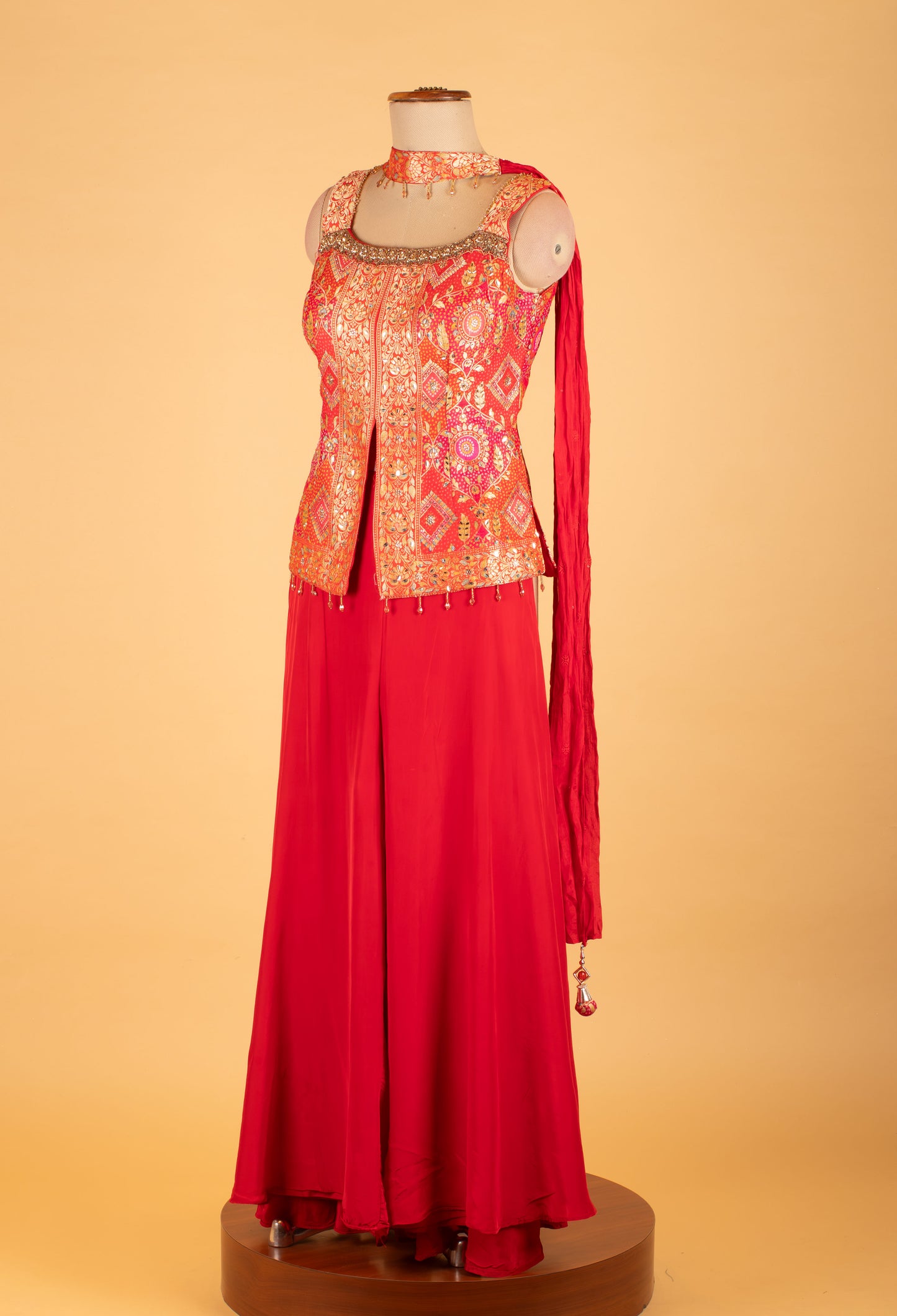 Red Embroidered Palazzo Set with Mirror Work Jacket & Dupatta – Festive & Party Wear