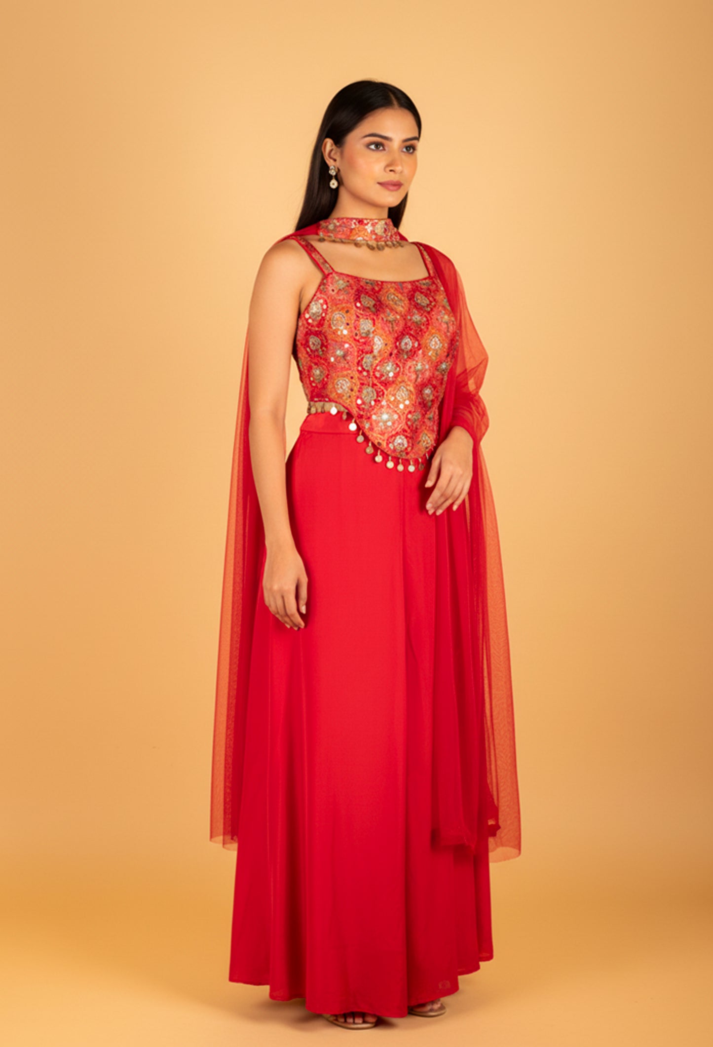 Red Embroidered Sharara Set with Mirror & Sequin Work – Designer Festive & Mehendi Outfit