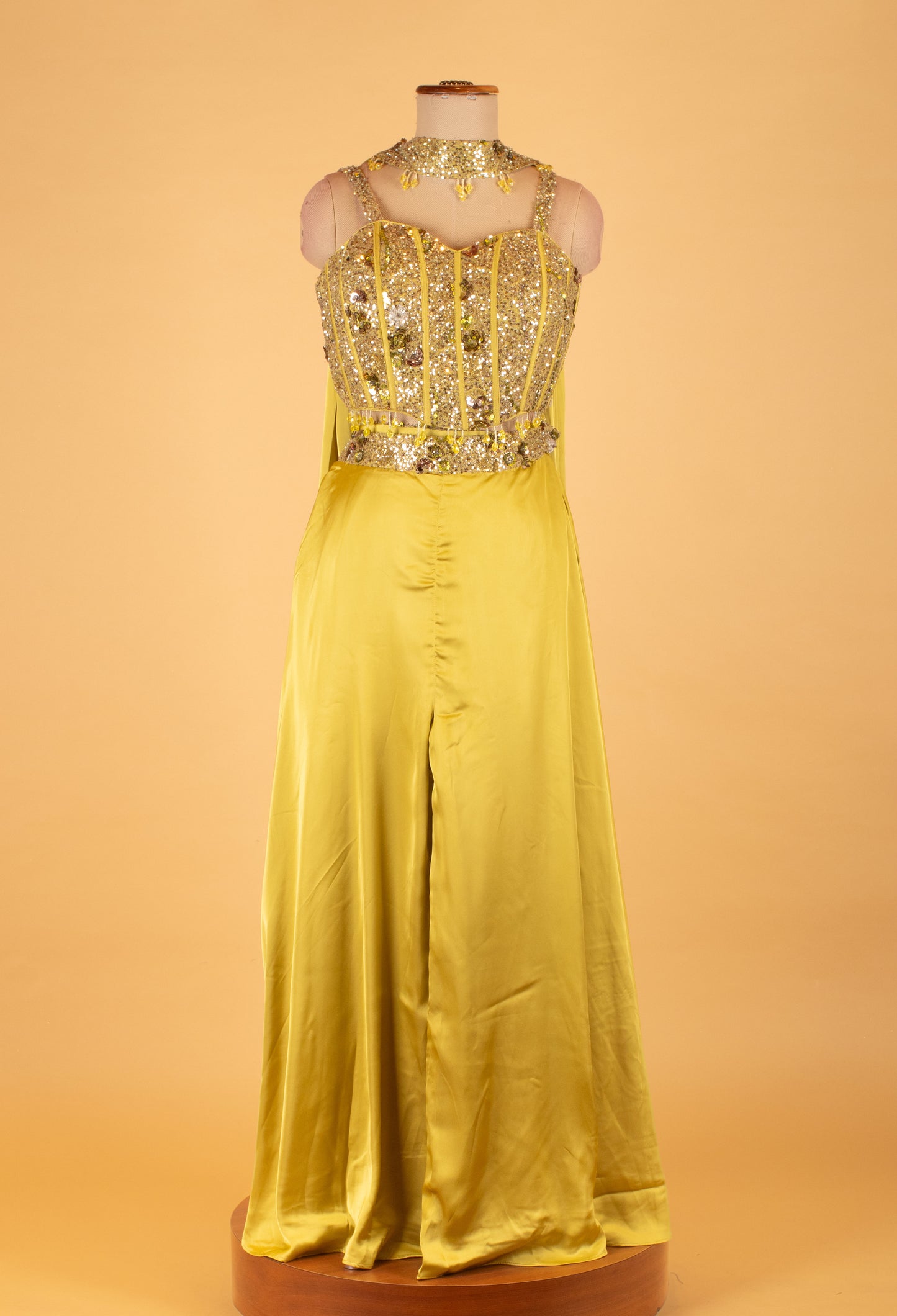 Yellow Sequin Embellished Indo-Western Jumpsuit with Cape – Designer Party Wear Outfit