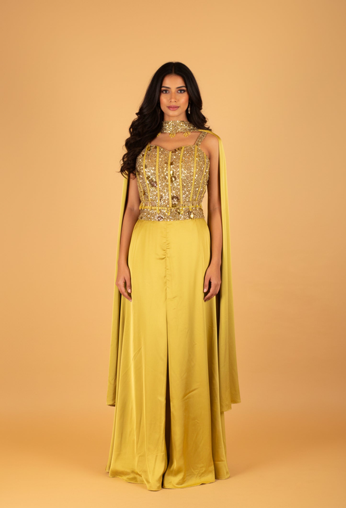 Yellow Sequin Embellished Indo-Western Jumpsuit with Cape – Designer Party Wear Outfit