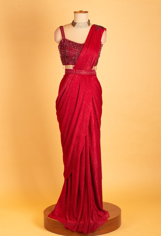 Red sequin embellished pre-stitched saree gown with designer blouse – product image 2