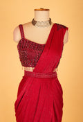 Red Sequins Embellished Pre-Stitched Saree Gown with Designer Blouse – Party & Cocktail Wear for Women
