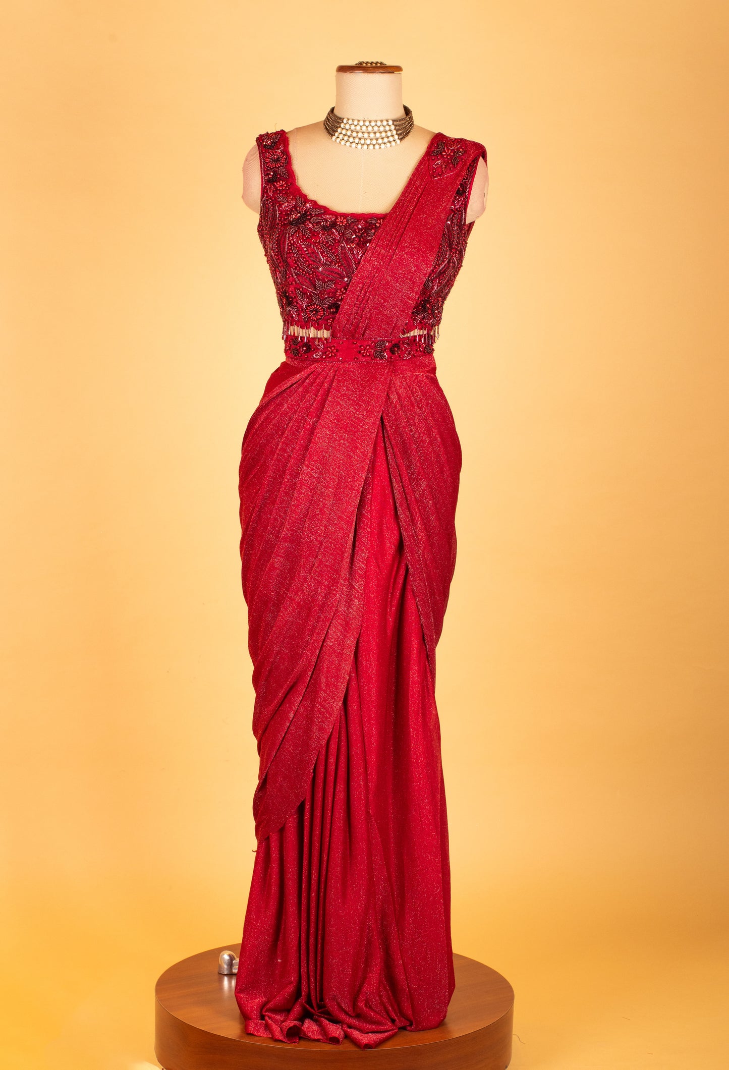 Red Embellished Pre-Stitched Saree Gown with Sequin Work – Glamorous Party & Wedding Wear