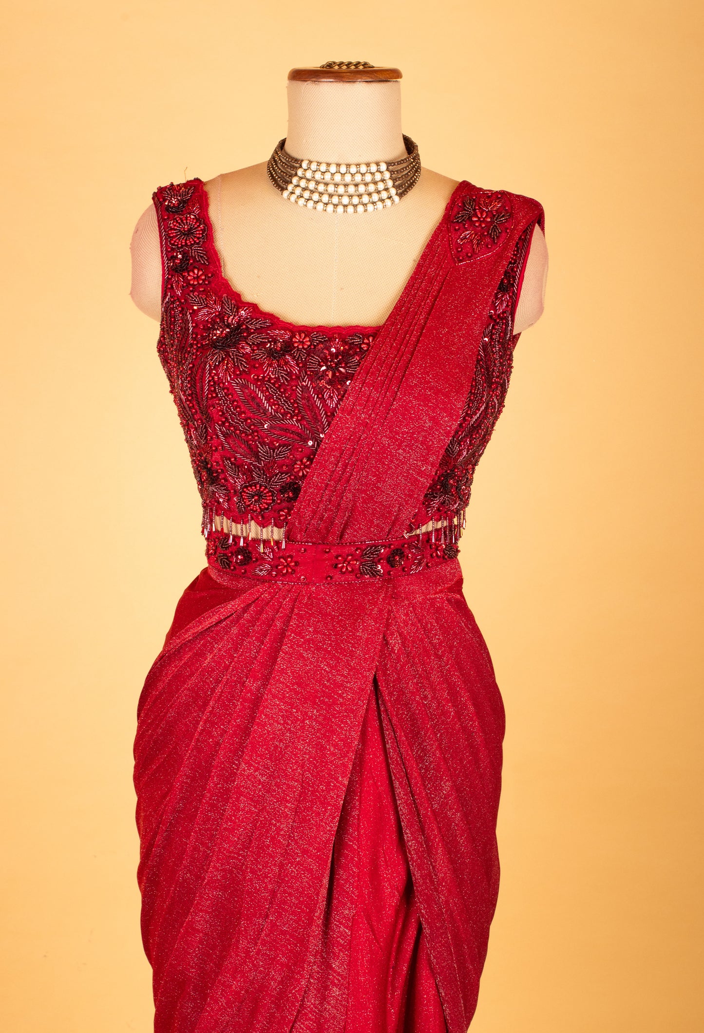 Red Embellished Pre-Stitched Saree Gown with Sequin Work – Glamorous Party & Wedding Wear