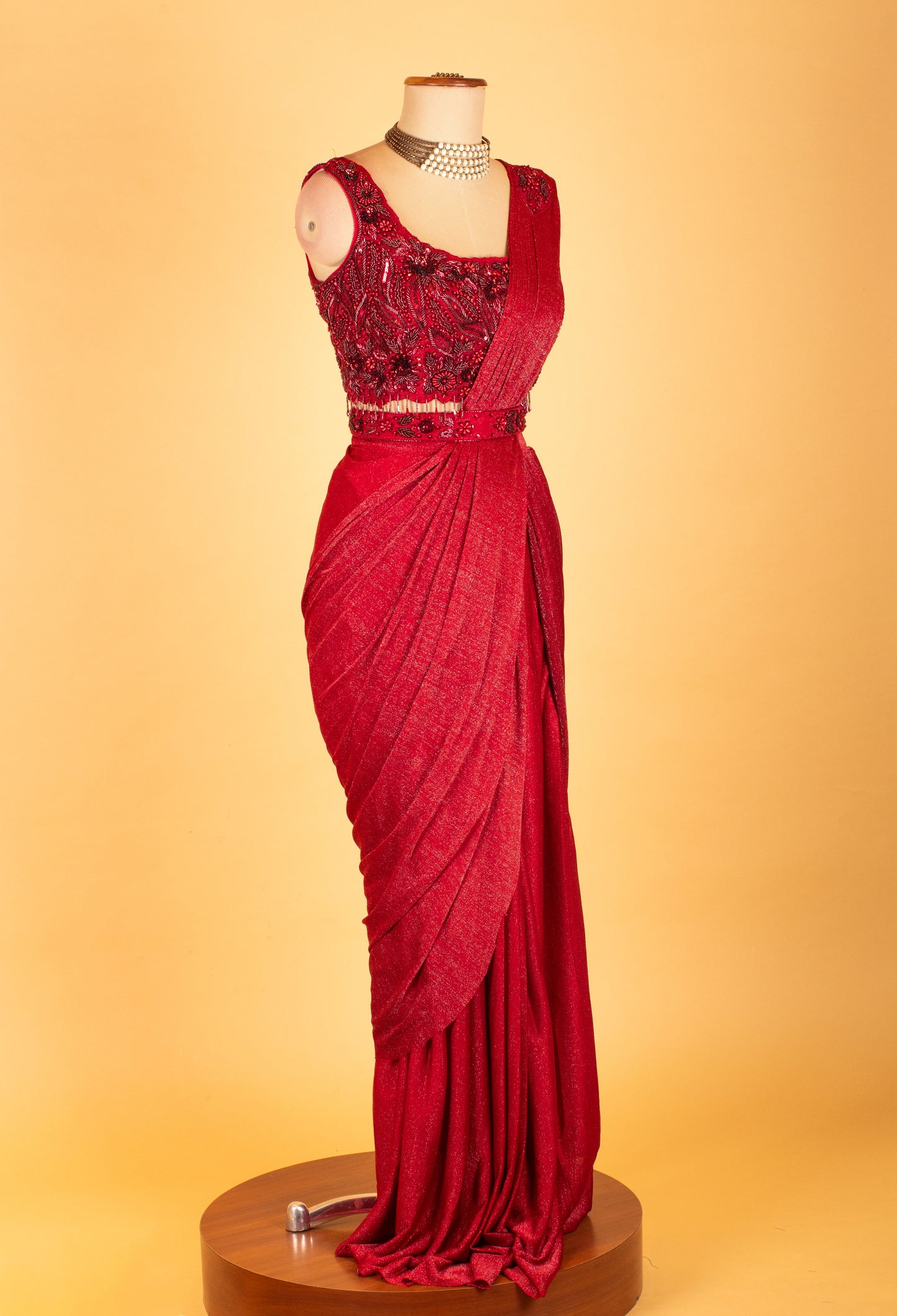 Red Embellished Pre-Stitched Saree Gown with Sequin Work – Glamorous Party & Wedding Wear