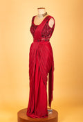 Red Embellished Pre-Stitched Saree Gown with Sequin Work – Glamorous Party & Wedding Wear