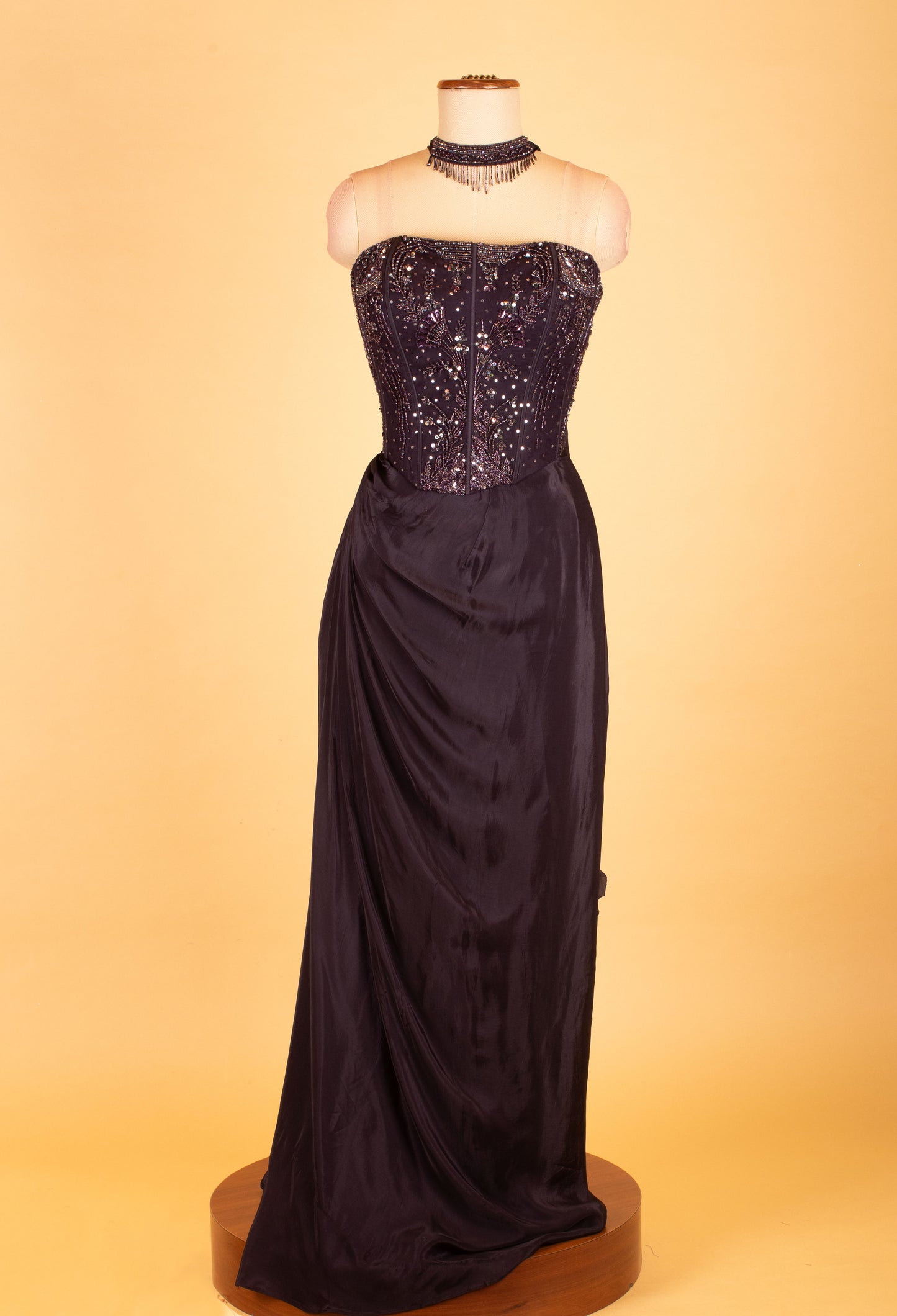 Black Sequin Corset Blouse with Draped Skirt – Elegant Party & Reception Evening Dress