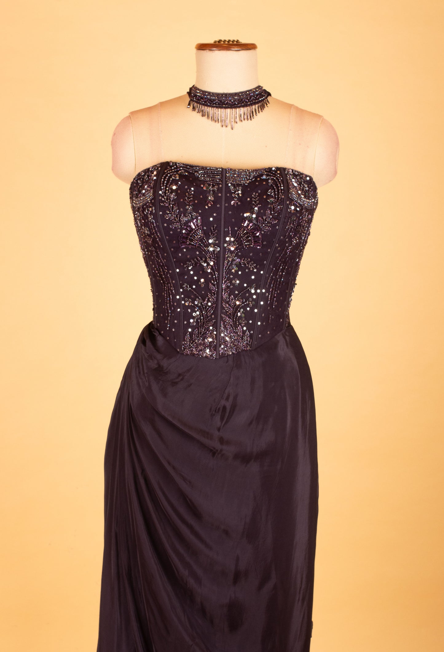 Black Sequin Corset Blouse with Draped Skirt – Elegant Party & Reception Evening Dress