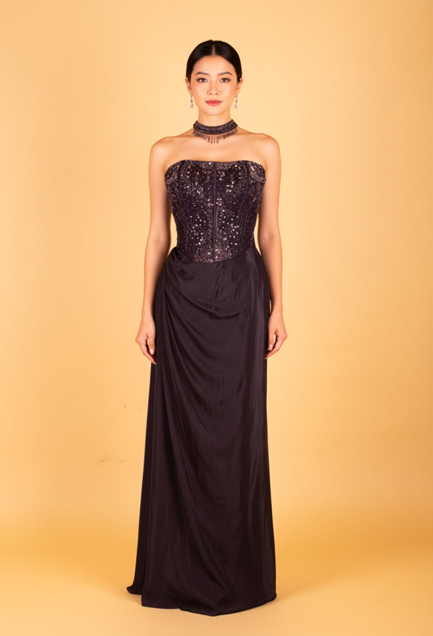 Black Sequin Corset Blouse with Draped Skirt – Elegant Party & Reception Evening Dress