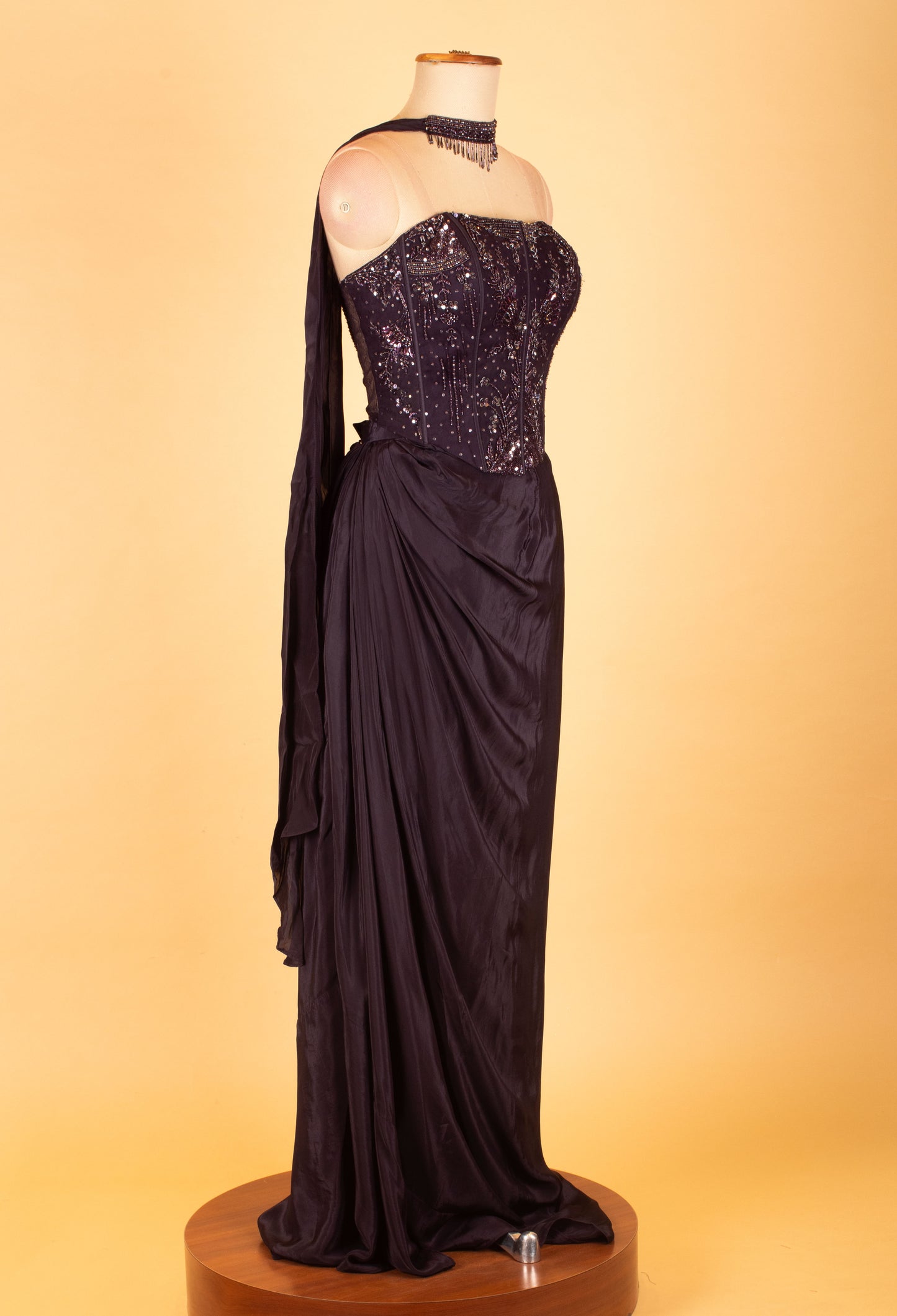 Black Sequin Corset Blouse with Draped Skirt – Elegant Party & Reception Evening Dress