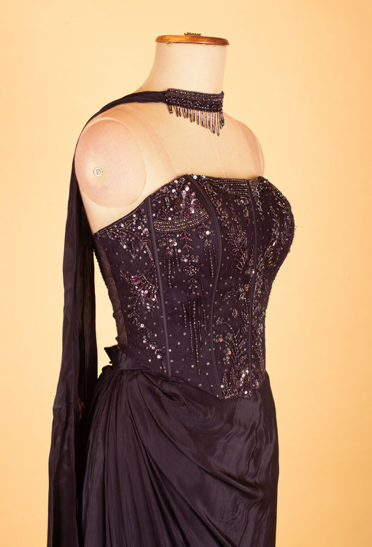 Black sequin corset gown with draped skirt – product image 2
