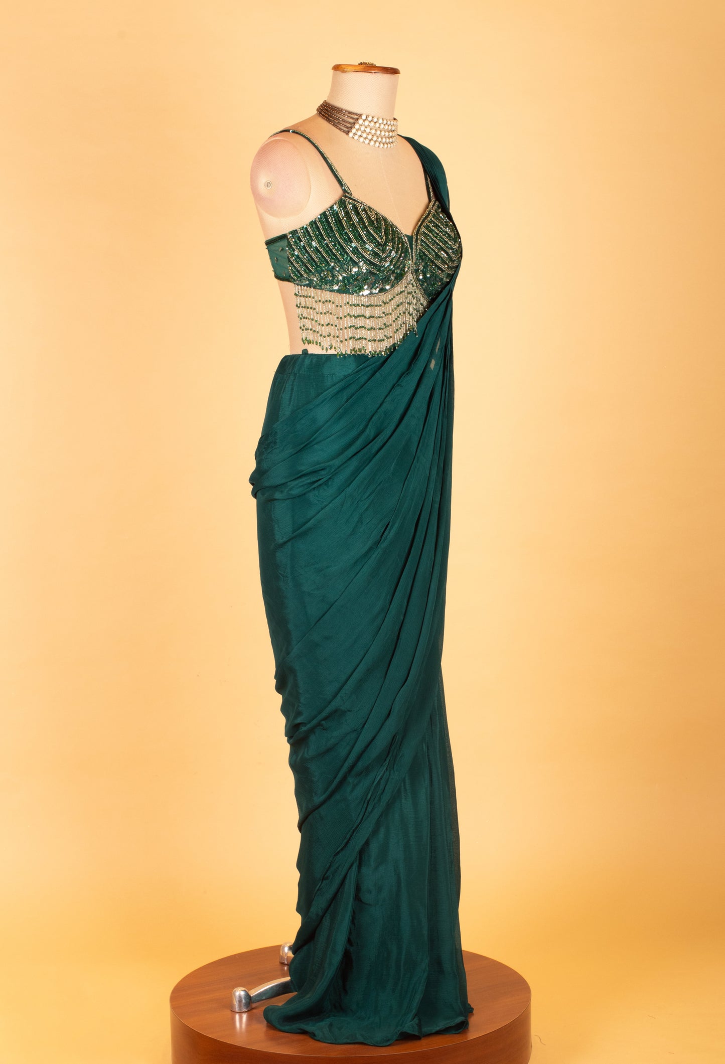 Emerald Green Ready-to-Drape Saree with Sequins Fringe Blouse – Modern Party Wear for Weddings & Receptions