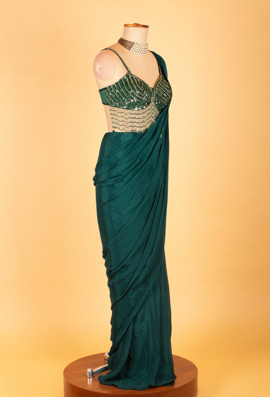 Emerald green ready-to-drape saree with sequin fringe blouse – product image 2