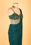 Emerald Green Ready-to-Drape Saree with Sequins Fringe Blouse – Modern Party Wear for Weddings & Receptions