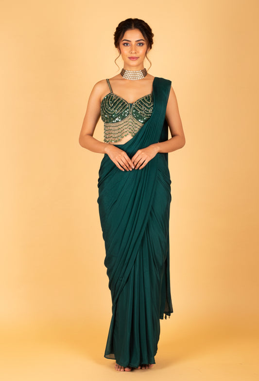 Emerald Green Ready-to-Drape Saree with Sequins Fringe Blouse – Modern Party Wear for Weddings & Receptions