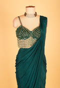 Emerald Green Ready-to-Drape Saree with Sequins Fringe Blouse – Modern Party Wear for Weddings & Receptions
