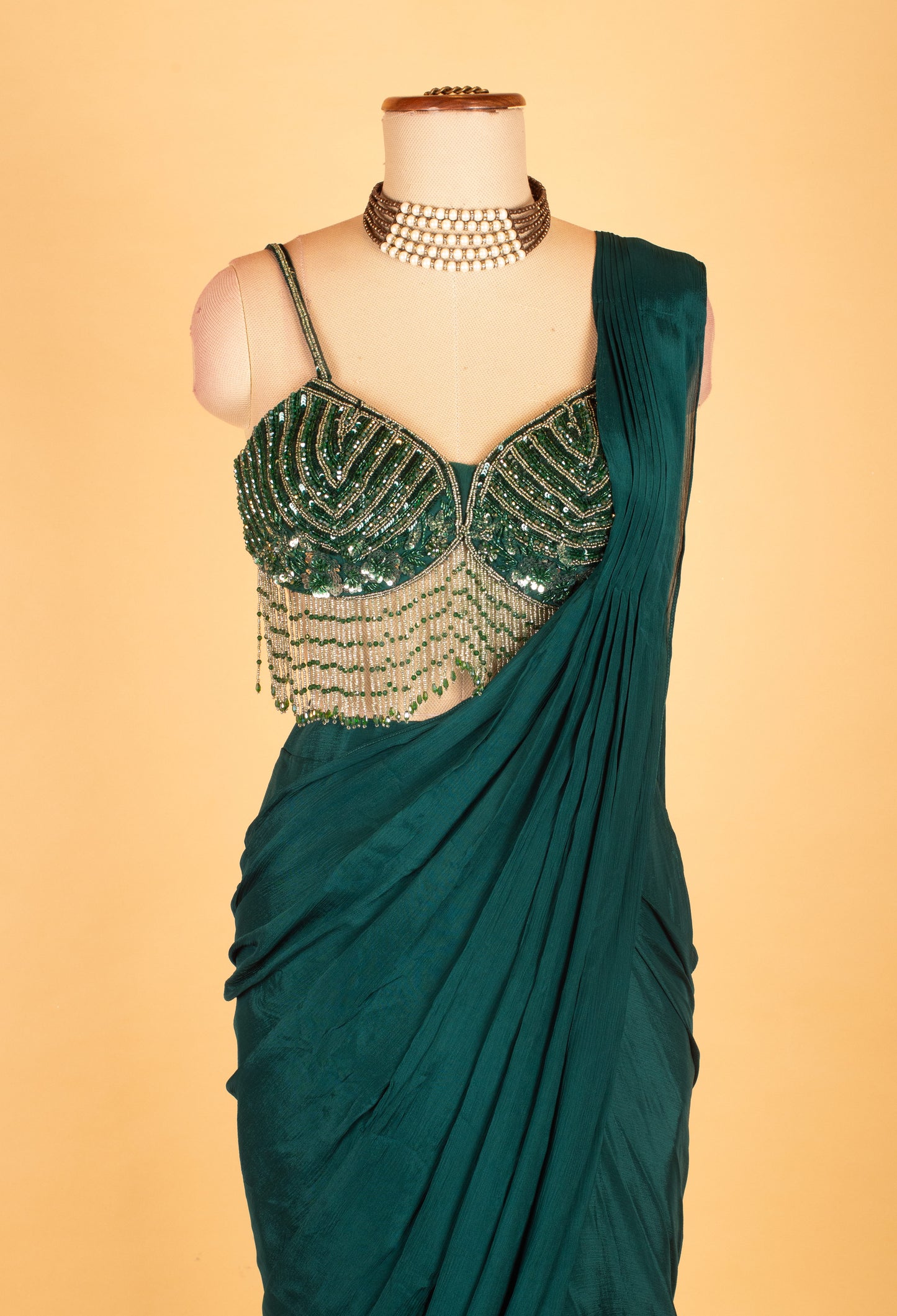 Emerald Green Ready-to-Drape Saree with Sequins Fringe Blouse – Modern Party Wear for Weddings & Receptions