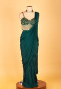 Emerald Green Ready-to-Drape Saree with Sequins Fringe Blouse – Modern Party Wear for Weddings & Receptions