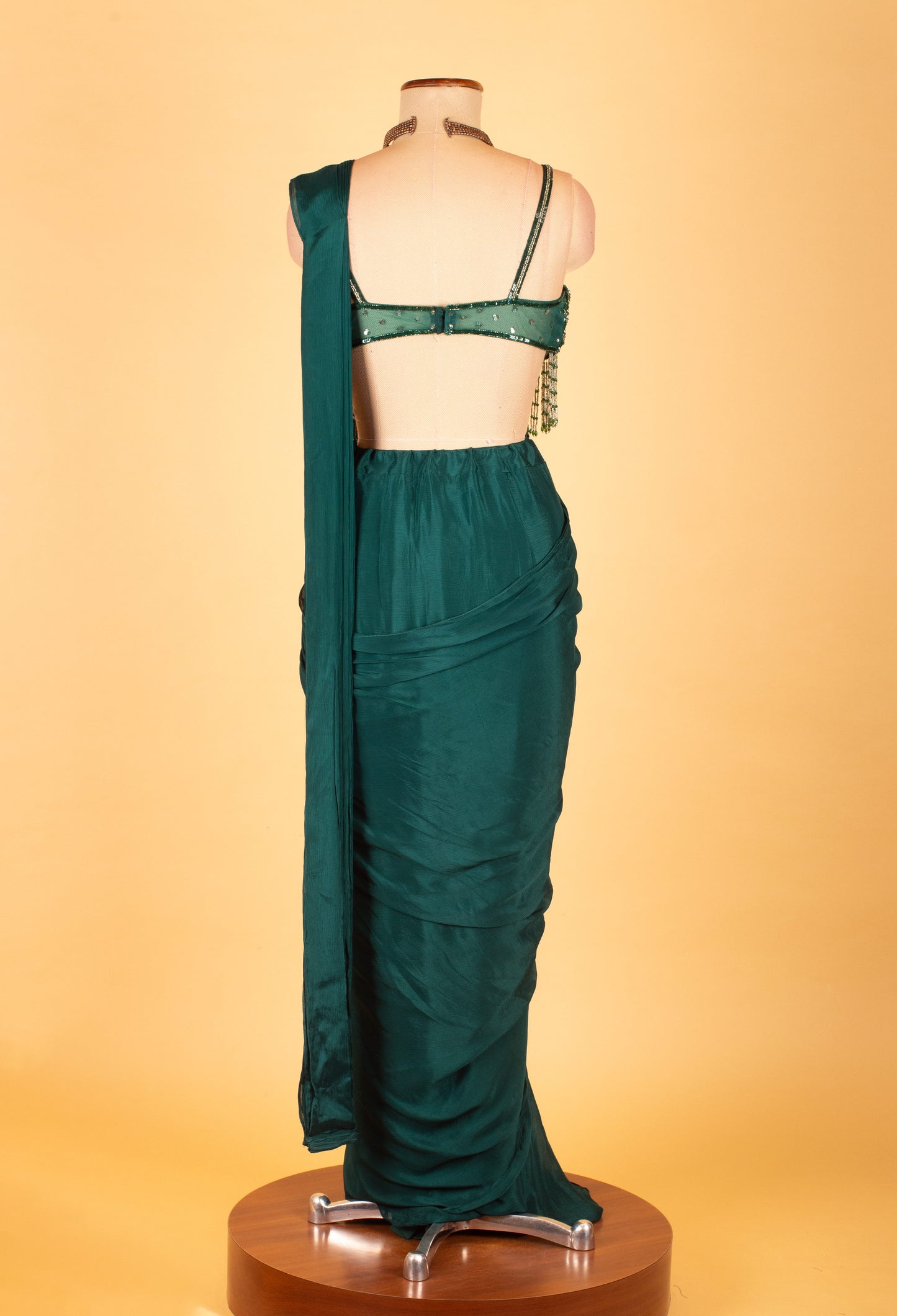 Emerald Green Ready-to-Drape Saree with Sequins Fringe Blouse – Modern Party Wear for Weddings & Receptions