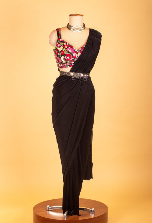 Black One-Shoulder Pre-Draped Saree Gown with Multicolor Sequin Blouse – Designer Cocktail & Party Wear