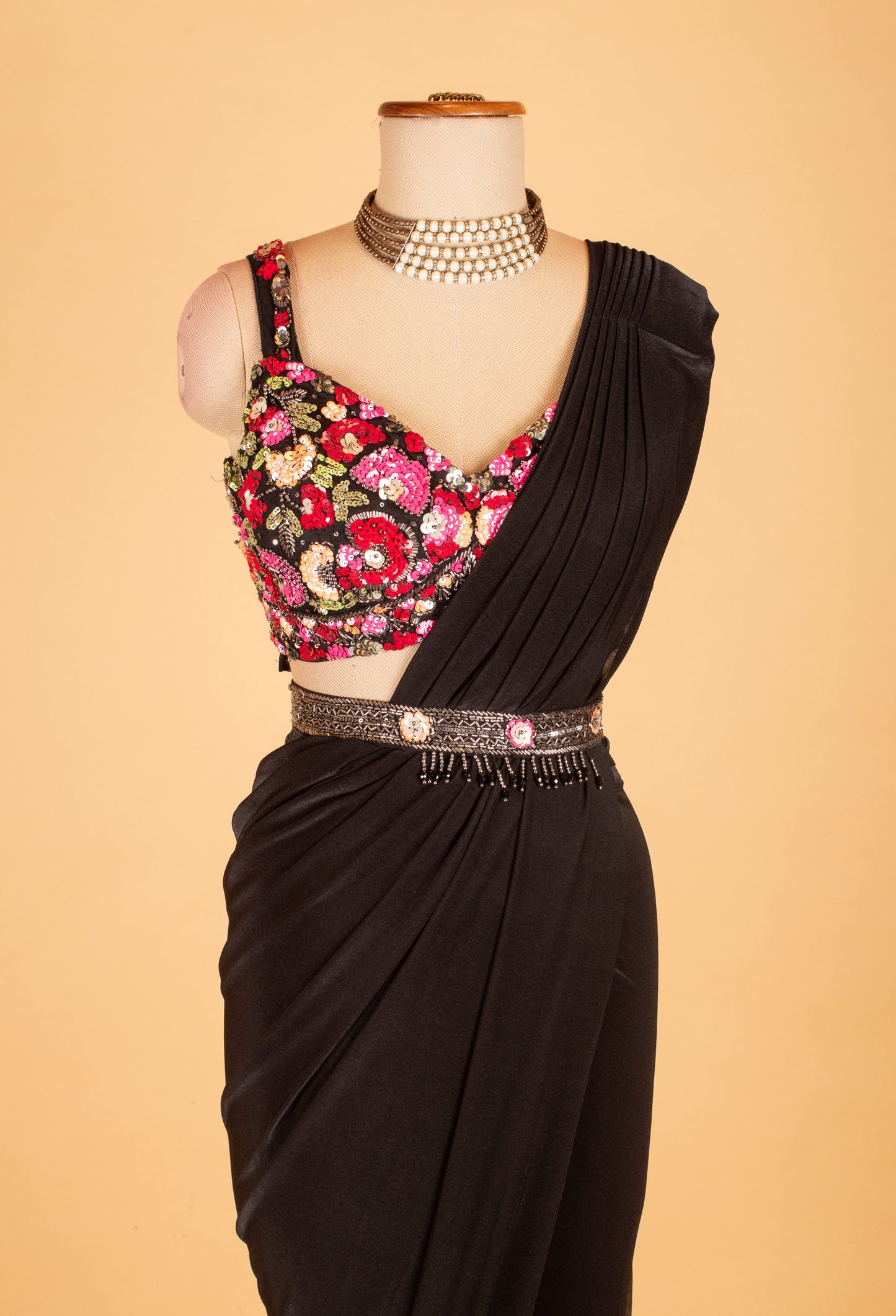 Black One-Shoulder Pre-Draped Saree Gown with Multicolor Sequin Blouse – Designer Cocktail & Party Wear