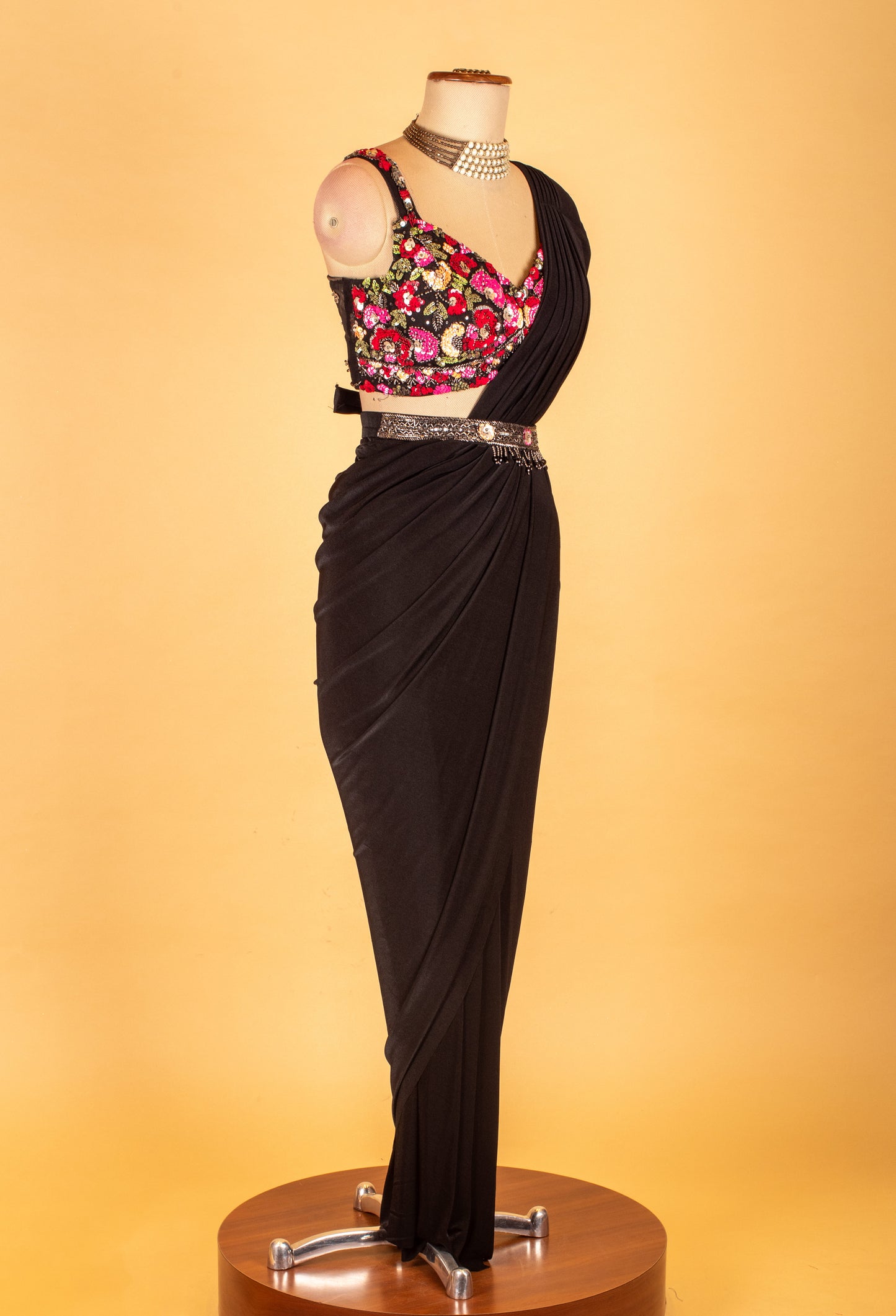 Black One-Shoulder Pre-Draped Saree Gown with Multicolor Sequin Blouse – Designer Cocktail & Party Wear