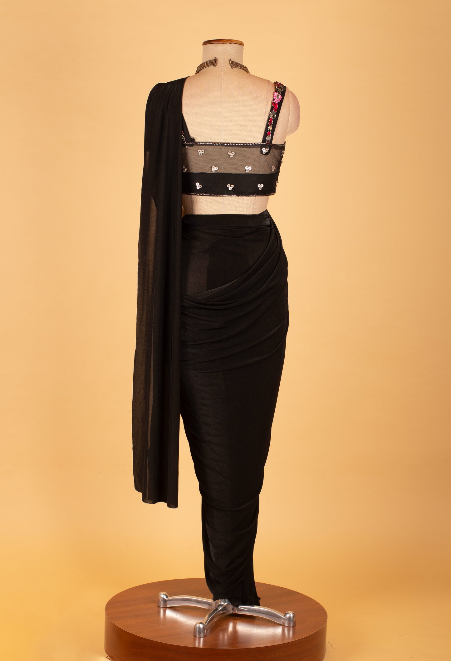 Black One-Shoulder Pre-Draped Saree Gown with Multicolor Sequin Blouse – Designer Cocktail & Party Wear