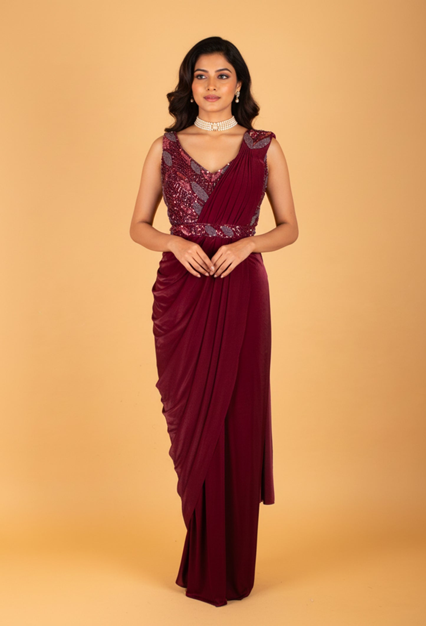 Wine Maroon Embellished Pre-Stitched Saree Gown with Sequin Leaf Work – Designer Party & Wedding Wear