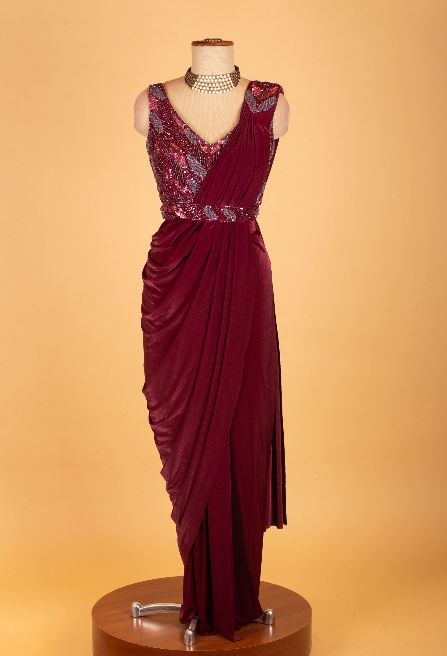 Wine Maroon Embellished Pre-Stitched Saree Gown with Sequin Leaf Work – Designer Party & Wedding Wear