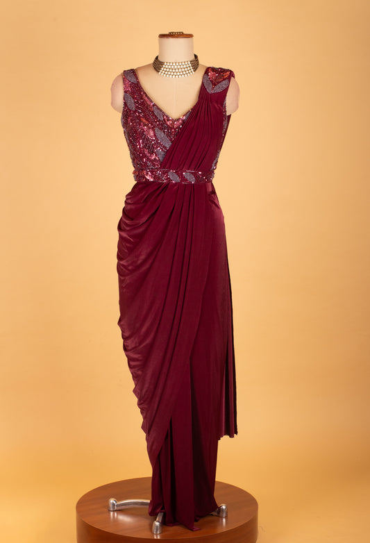 Wine Maroon Embellished Pre-Stitched Saree Gown with Sequin Leaf Work – Designer Party & Wedding Wear