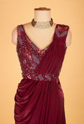 Wine Maroon Embellished Pre-Stitched Saree Gown with Sequin Leaf Work – Designer Party & Wedding Wear