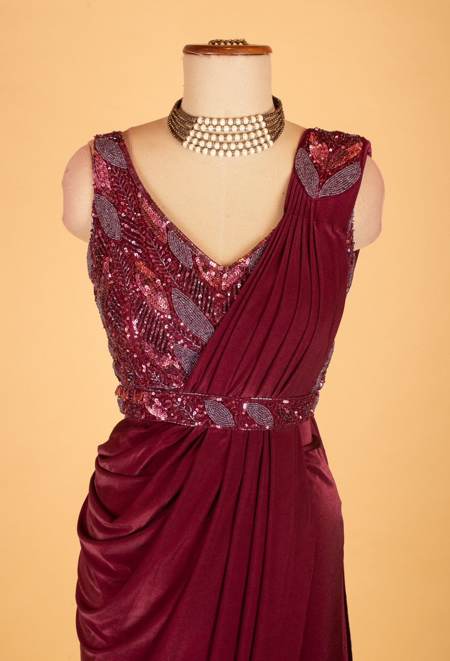 Wine Maroon Embellished Pre-Stitched Saree Gown with Sequin Leaf Work – Designer Party & Wedding Wear
