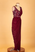Wine Maroon Embellished Pre-Stitched Saree Gown with Sequin Leaf Work – Designer Party & Wedding Wear