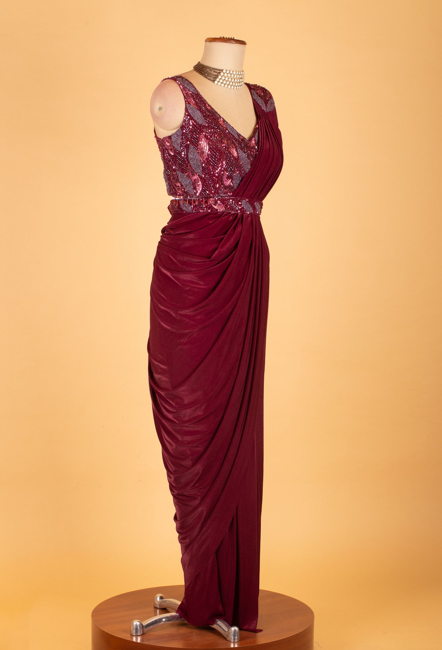 Wine Maroon Embellished Pre-Stitched Saree Gown with Sequin Leaf Work – Designer Party & Wedding Wear