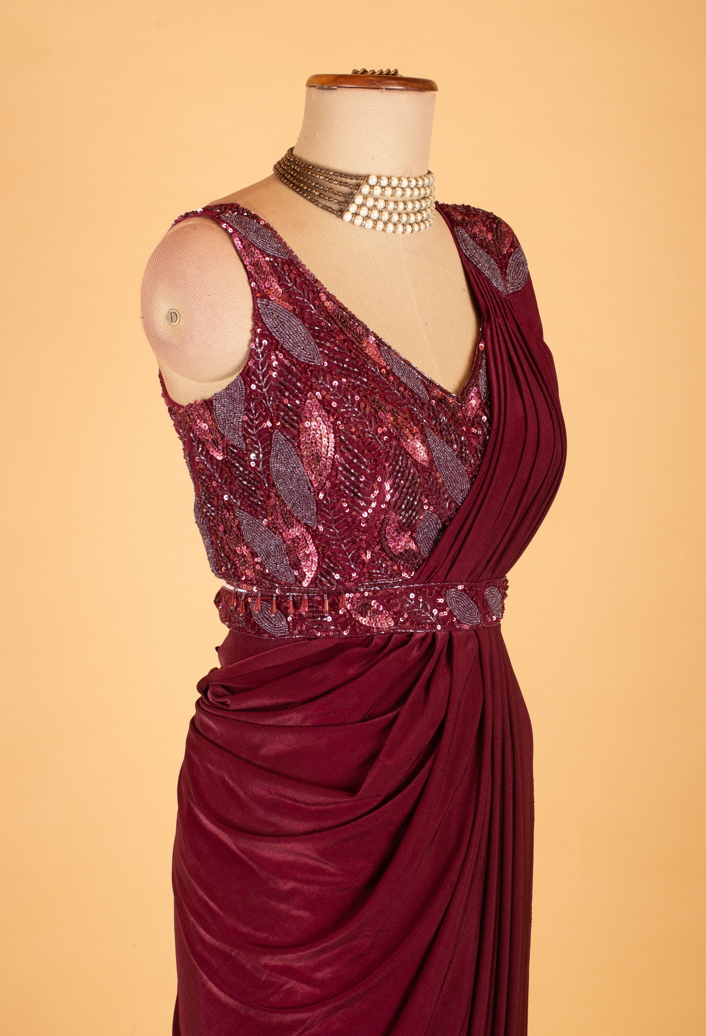 Wine Maroon Embellished Pre-Stitched Saree Gown with Sequin Leaf Work – Designer Party & Wedding Wear