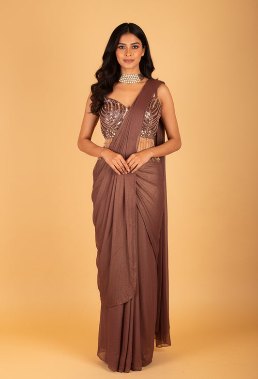 Metallic Bronze Ready-to-Drape Saree with Crystal Sequin Fringe Blouse – Designer Party & Cocktail Wear