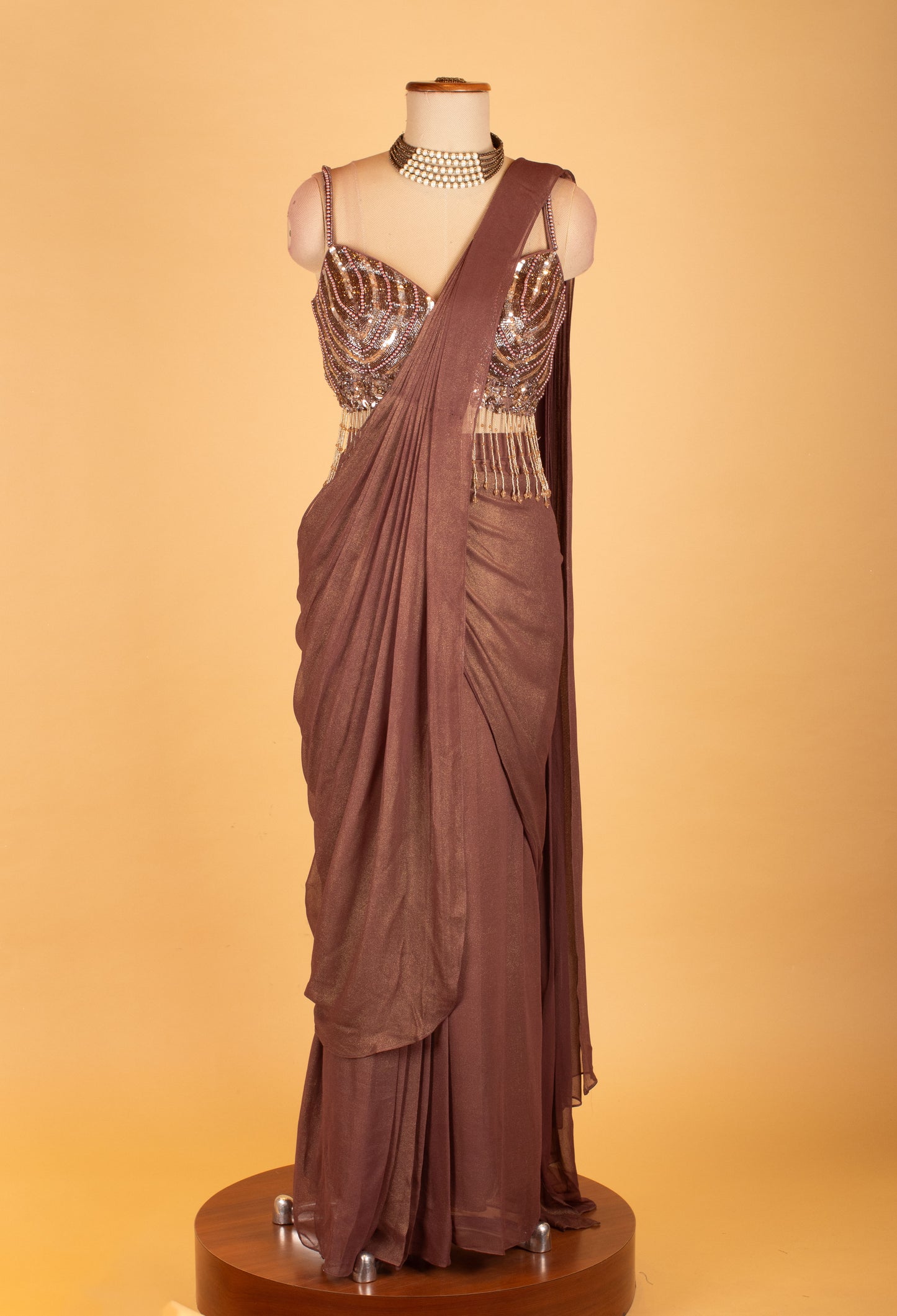 Metallic Bronze Ready-to-Drape Saree with Crystal Sequin Fringe Blouse – Designer Party & Cocktail Wear