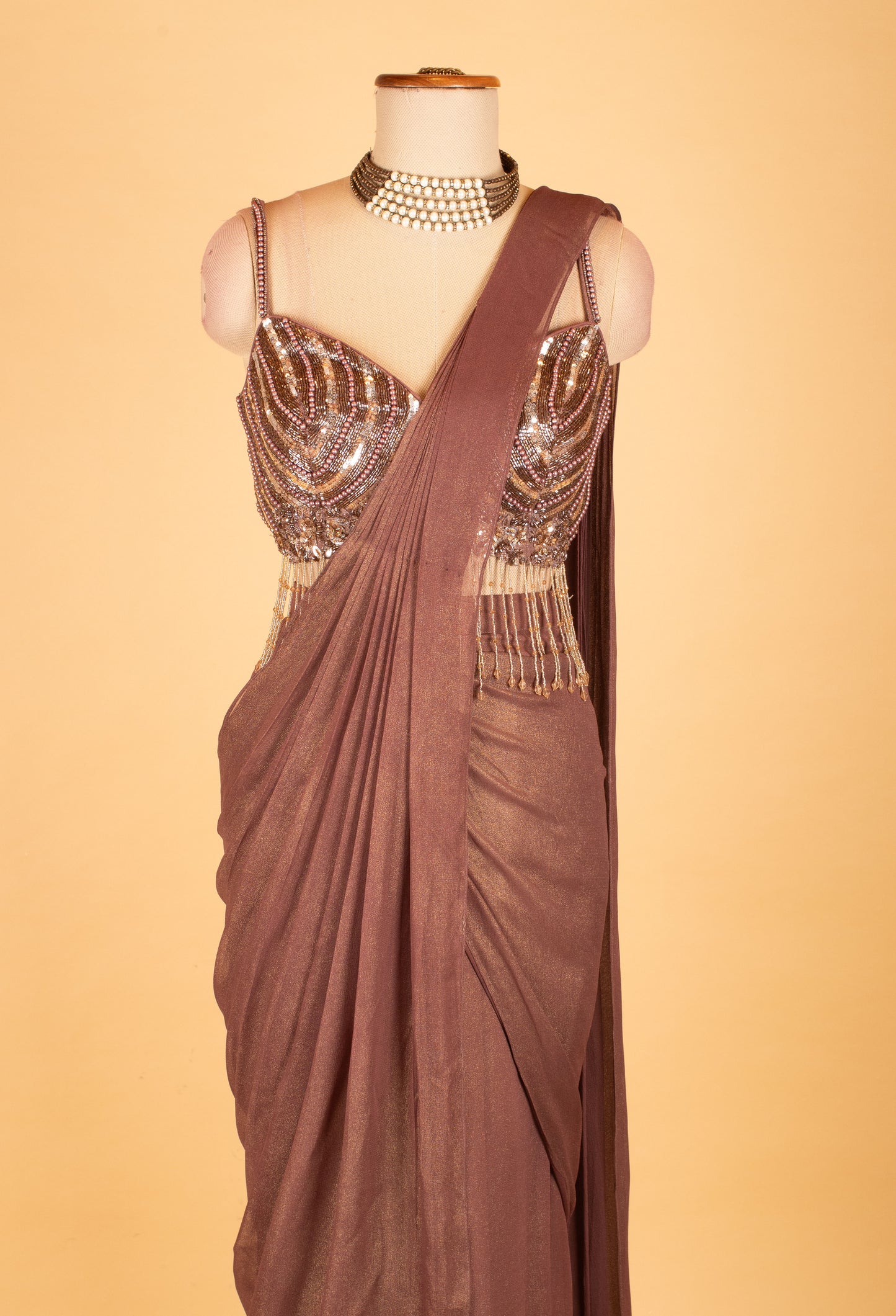 Metallic Bronze Ready-to-Drape Saree with Crystal Sequin Fringe Blouse – Designer Party & Cocktail Wear