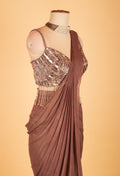 Metallic Bronze Ready-to-Drape Saree with Crystal Sequin Fringe Blouse – Designer Party & Cocktail Wear