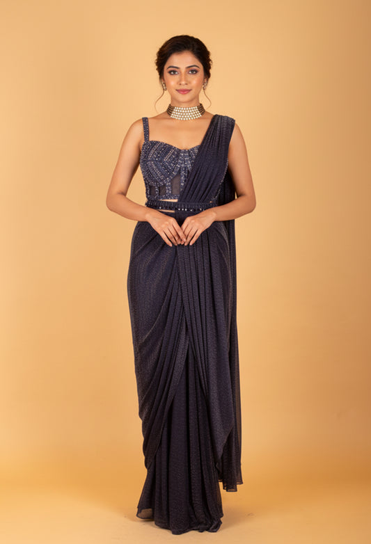 Navy Blue Embellished Pre-Stitched Saree Gown with Designer Sequins Blouse – Premium Cocktail & Reception Wear