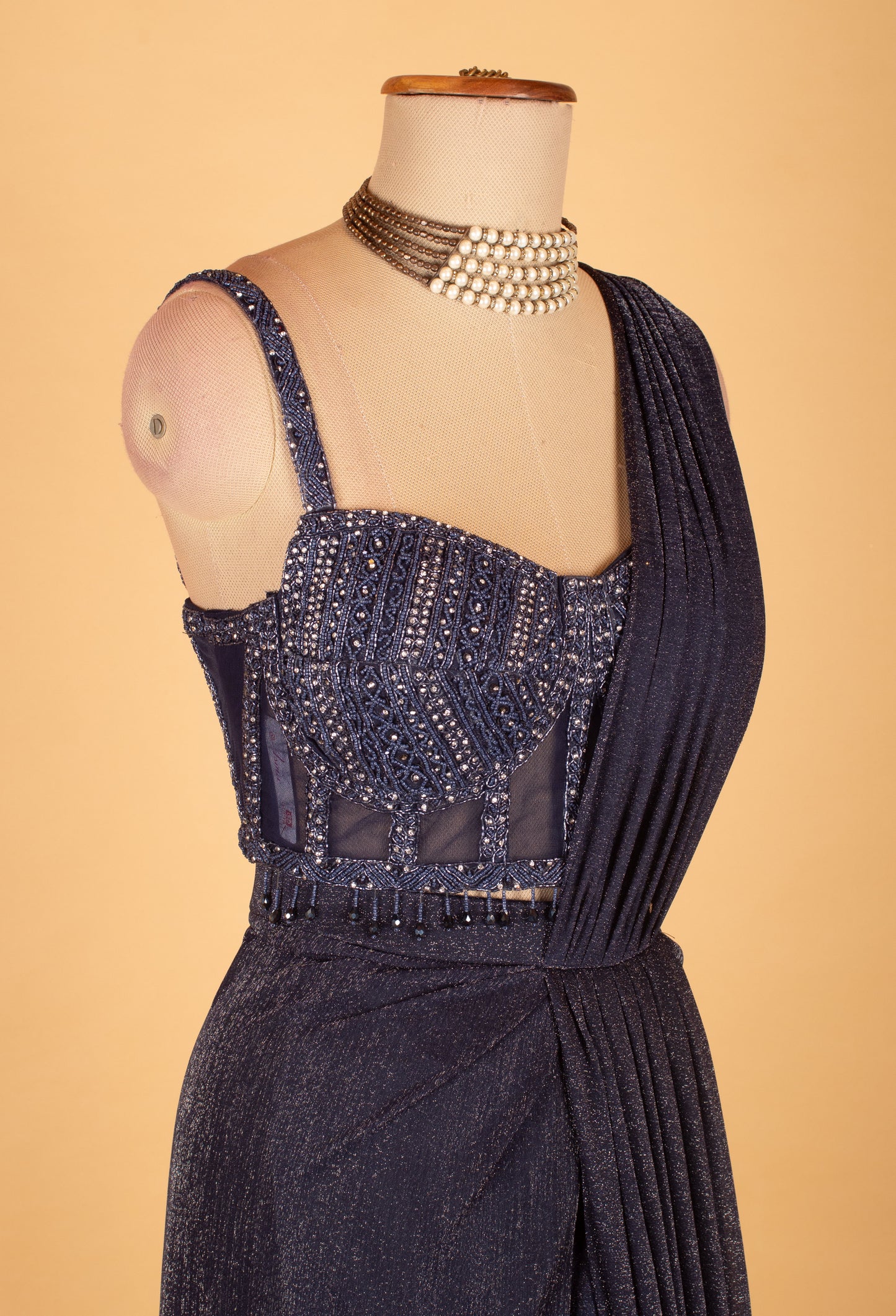 Navy Blue Embellished Pre-Stitched Saree Gown with Designer Sequins Blouse – Premium Cocktail & Reception Wear