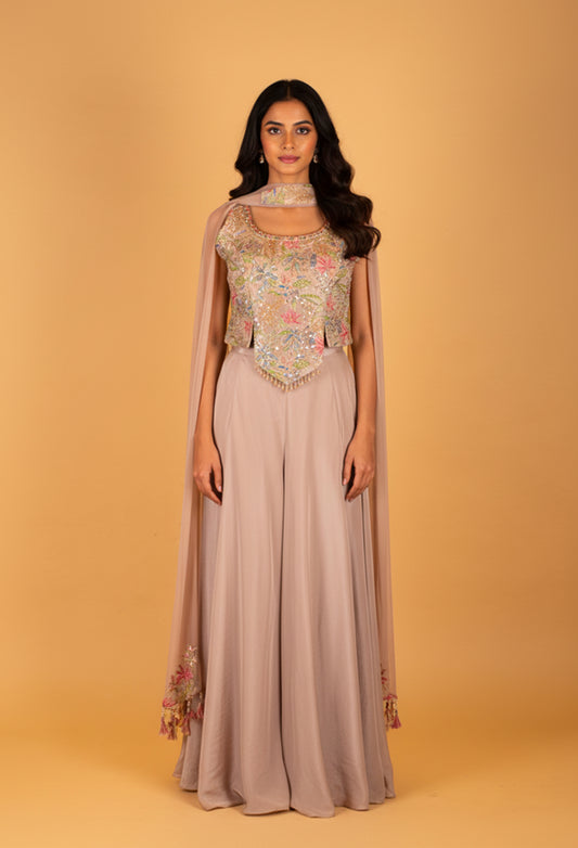 Pastel Peach Embroidered Palazzo Set with Sequin Work Crop Top & Dupatta – Party & Festive Wear
