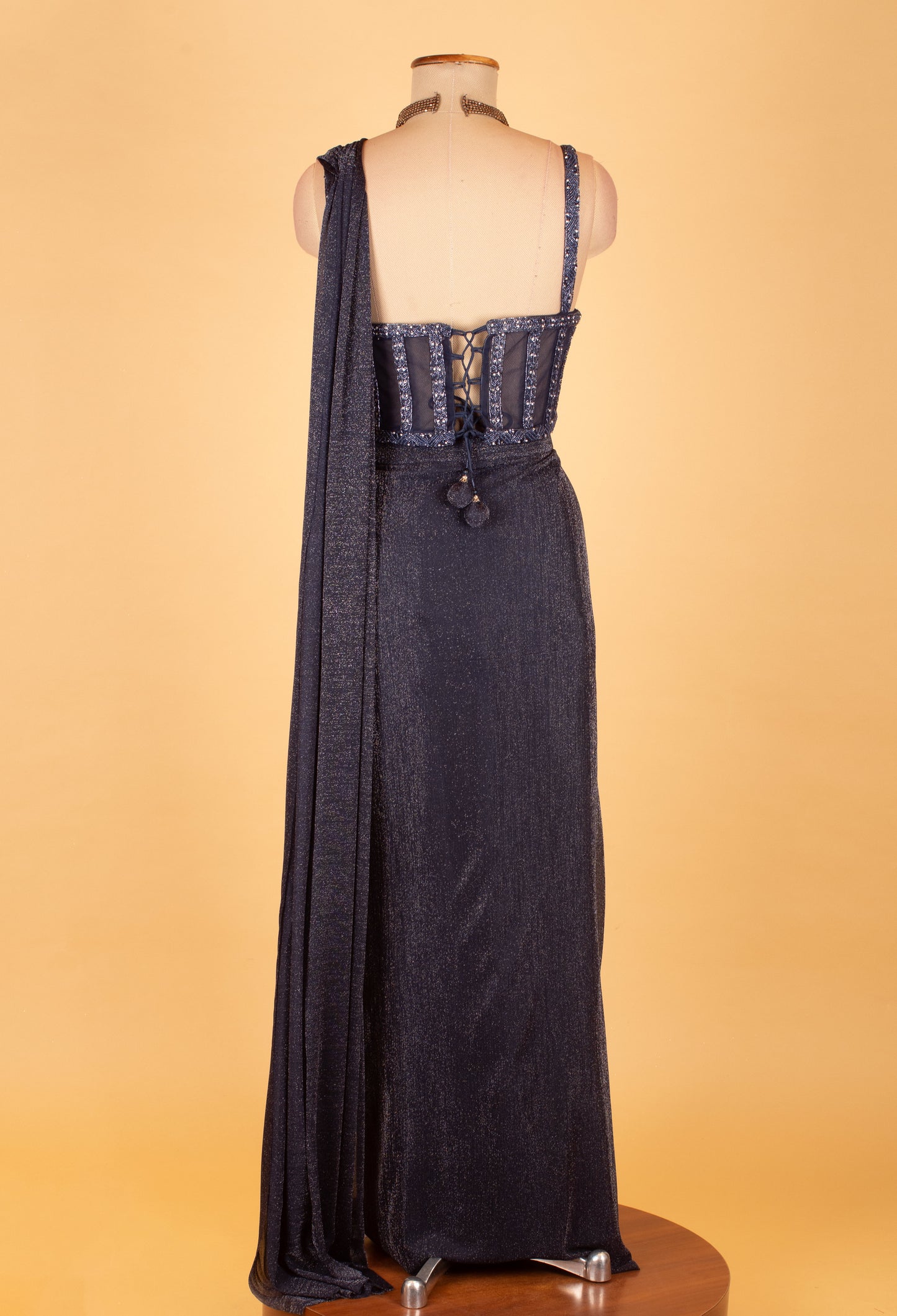 Navy Blue Embellished Pre-Stitched Saree Gown with Designer Sequins Blouse – Premium Cocktail & Reception Wear